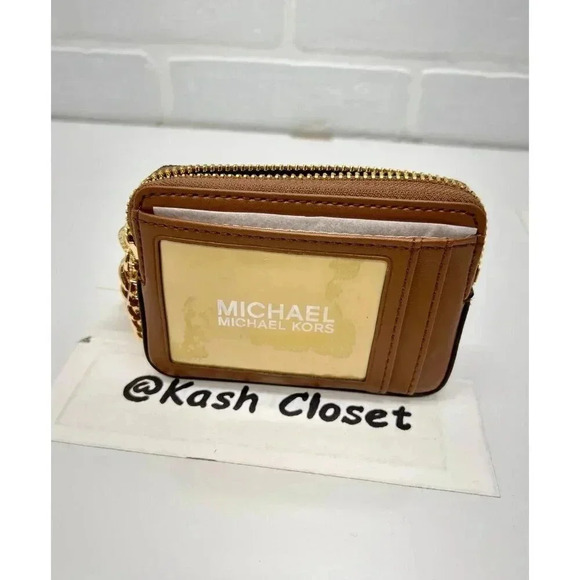 Michael Kors Medium Logo Zip Chain Card Case Wallet Brown - Picture 5 of 6